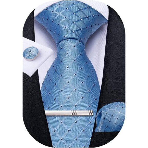 🆕Men Blue Plaid Silk Checkered Necktie Pocket Square Cufflinks Tie Clip Set